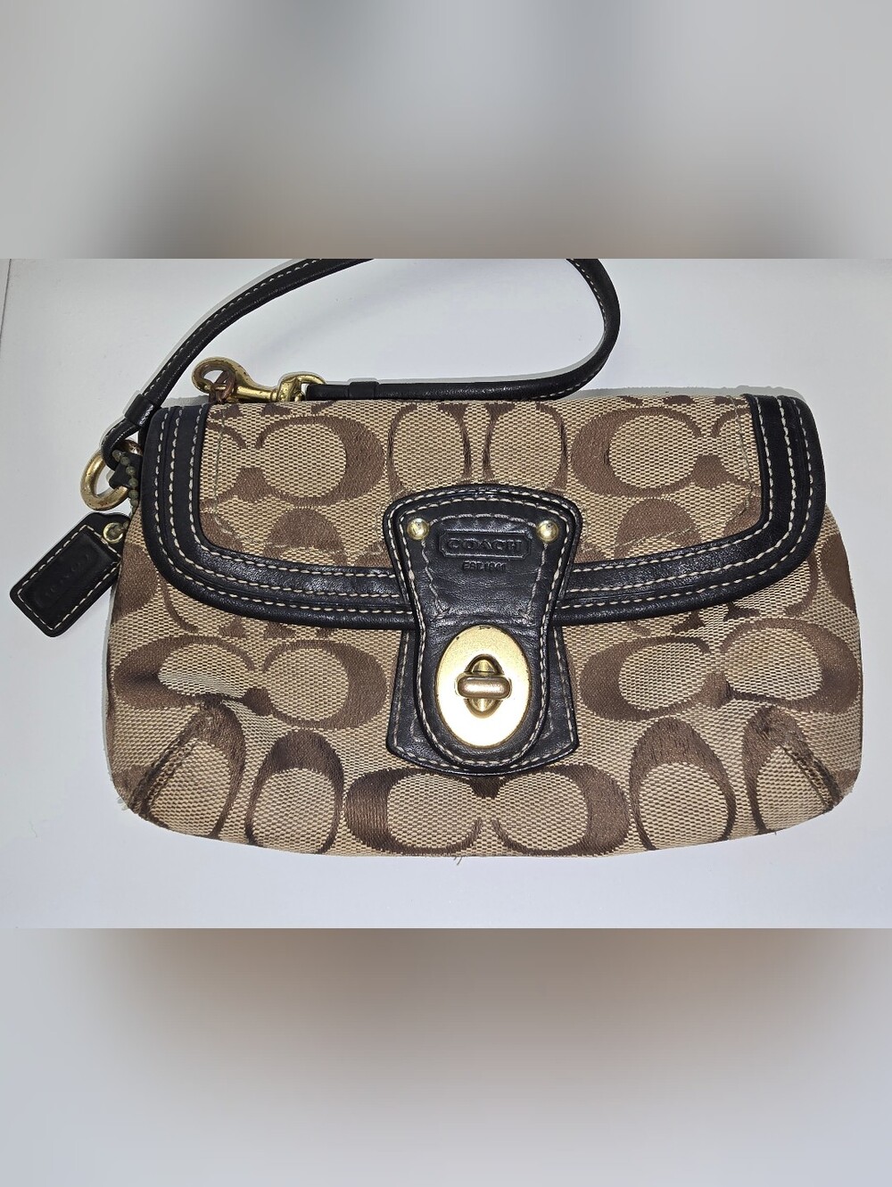 Coach Signature Canvas Wristlet in Brown and Black